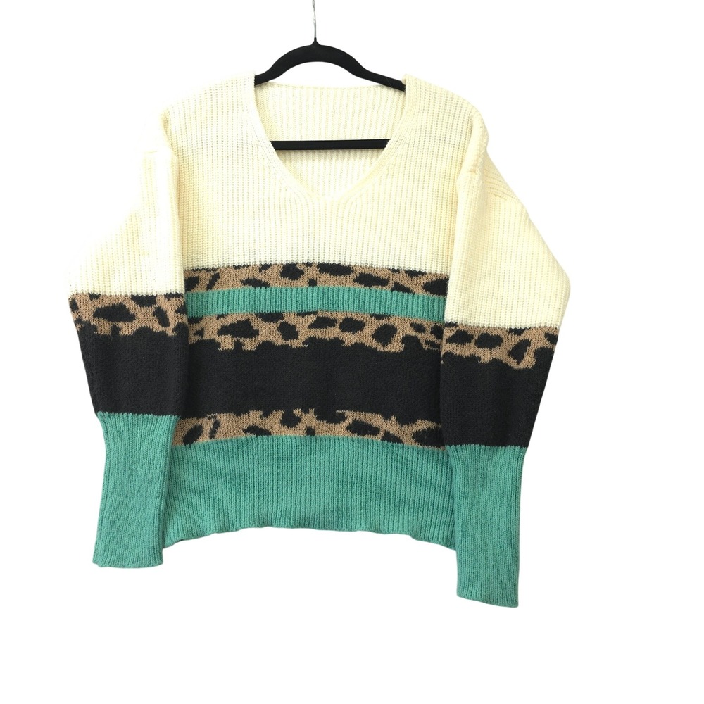 Womens Colorblock Leopard Print V-Neck Sweater Teal Black Size M Mob Wife Retro